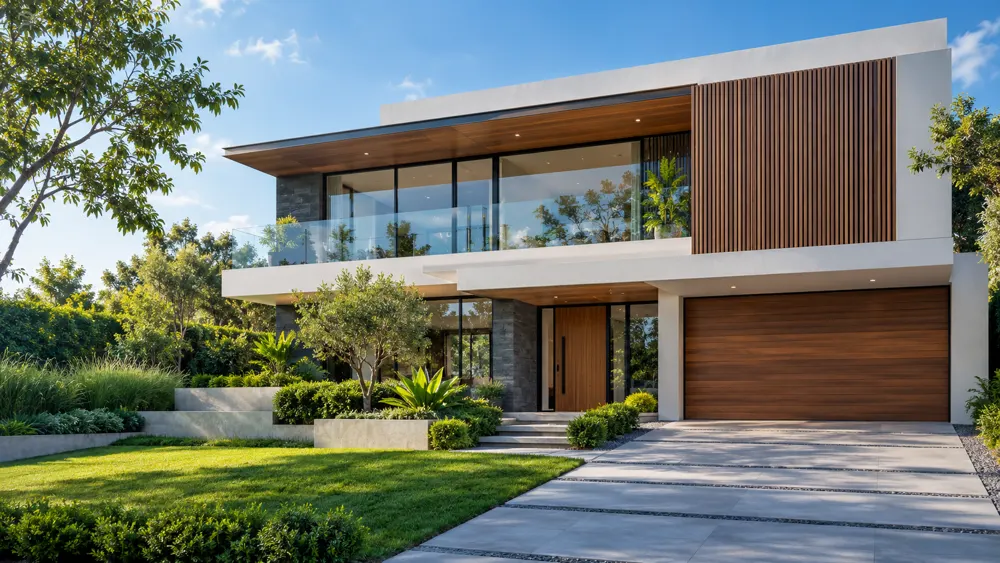 Casa moderna com fachada em vidro e madeira