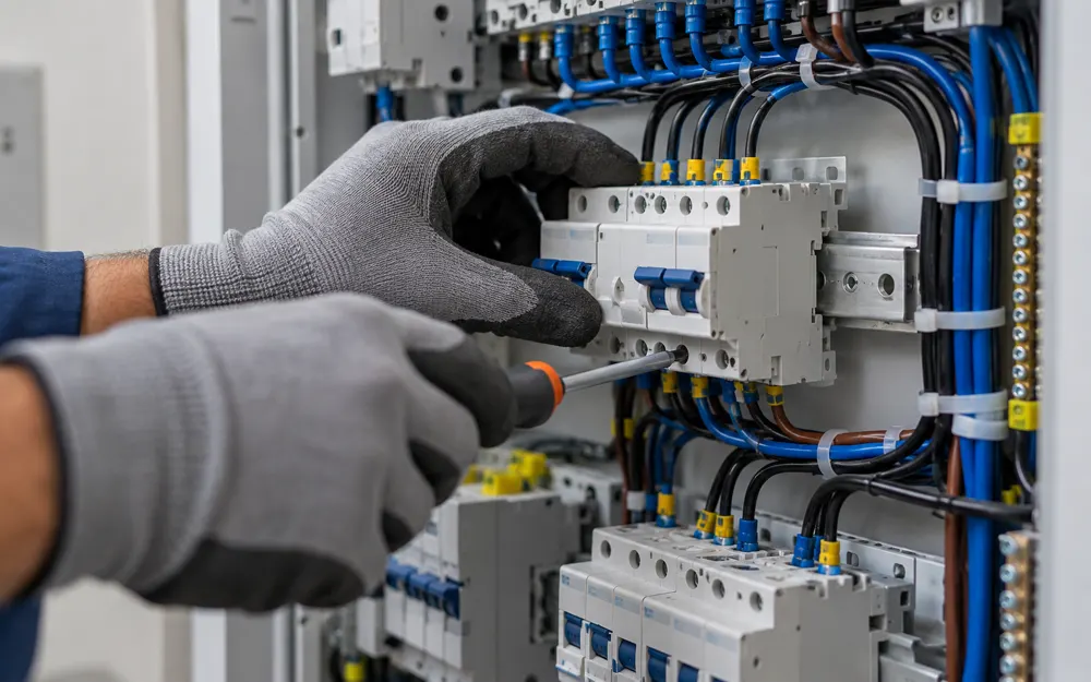 Mãos de eletricista com luvas trocando disjuntor em quadro de energia