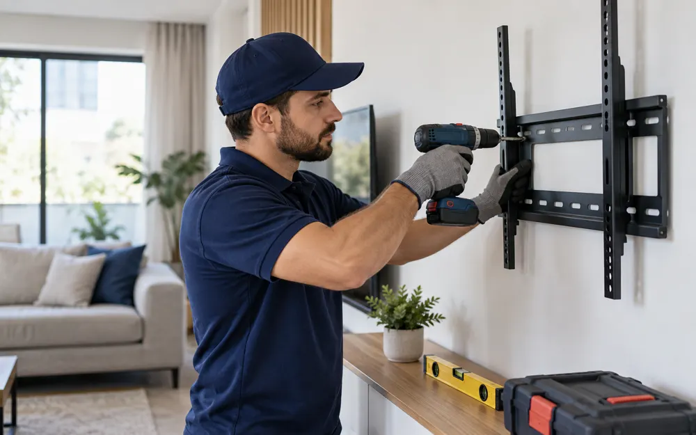 Profissional instalando suporte de TV na parede