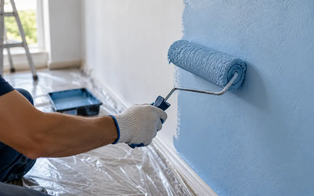 Rolo pintando parede de azul