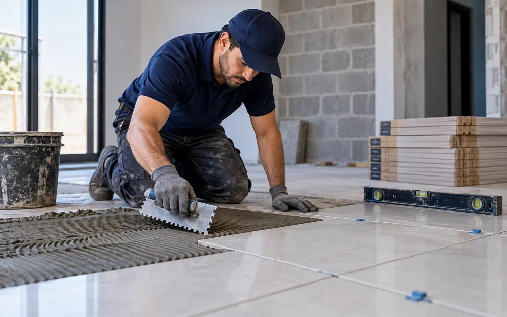 Profissional assentando porcelanato em ambiente em reforma